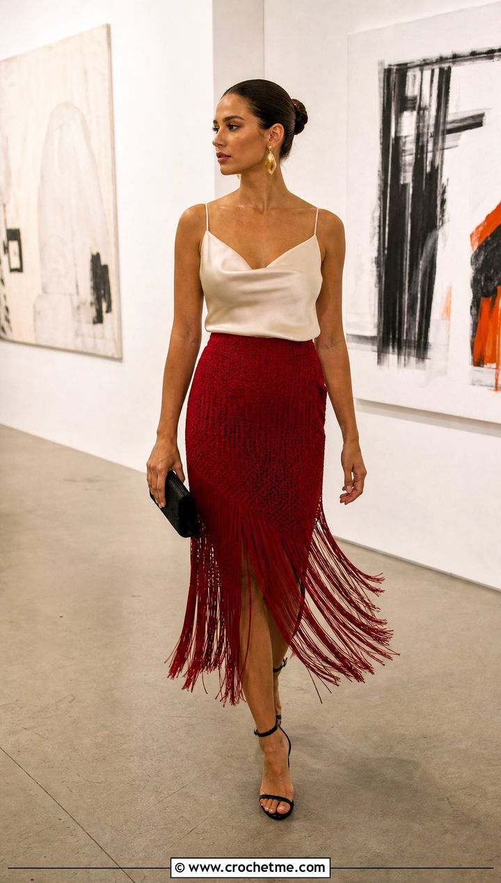 Fringe Crochet Midi Skirt With Satin Camisole - 30 diy crochet skirt outfit ideas