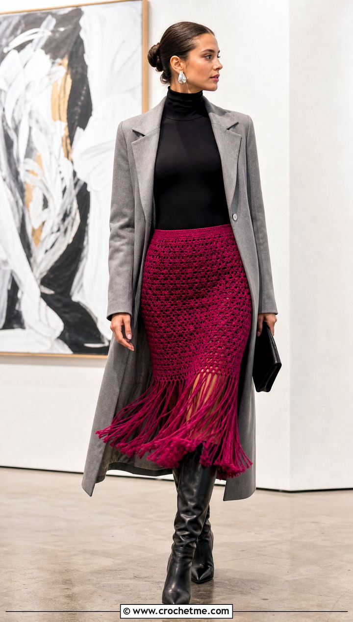 Fringe Crochet Midi Skirt With Turtleneck - 15 valentine's day crochet skirt outfit ideas