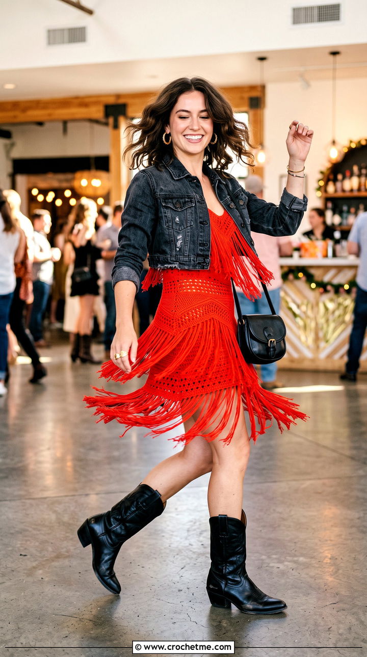Fringe Crochet Mini Birthday Dress With Cowboy Boots - 35 crochet birthday dress outfit ideas