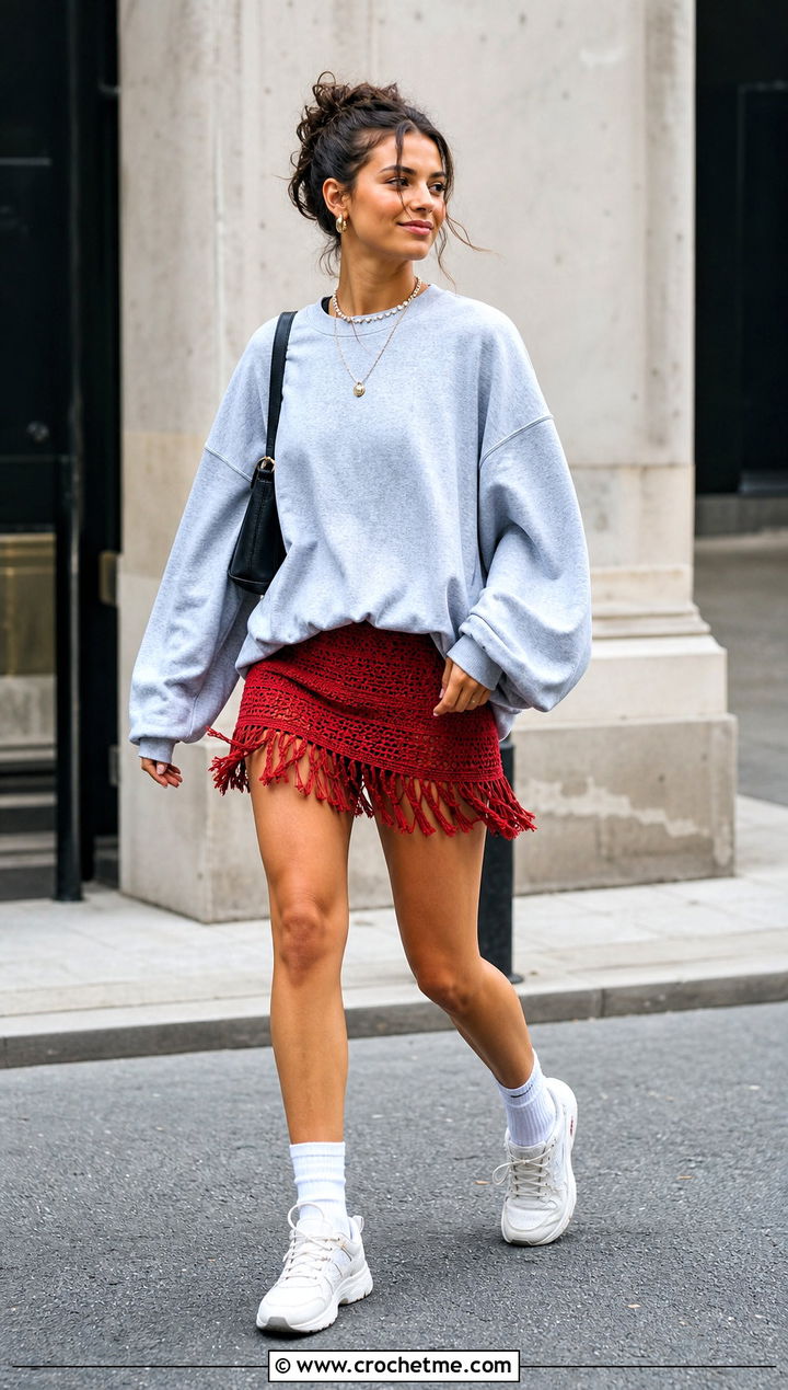 Fringe Crochet Mini Skirt With Oversized Sweatshirt - 25 Beginner Crochet Skirt outfit ideas