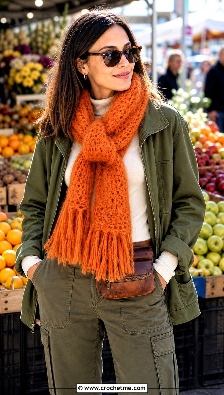 Fringe Crochet Mohair Scarf With Utility Jacket - 30 crochet mohair scarf outfit ideas