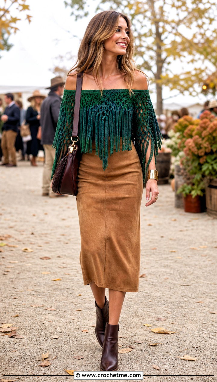 Fringe Crochet Off The Shoulder Top With Suede Midi Skirt - 35 Crochet Off The Shoulder Top outfit ideas