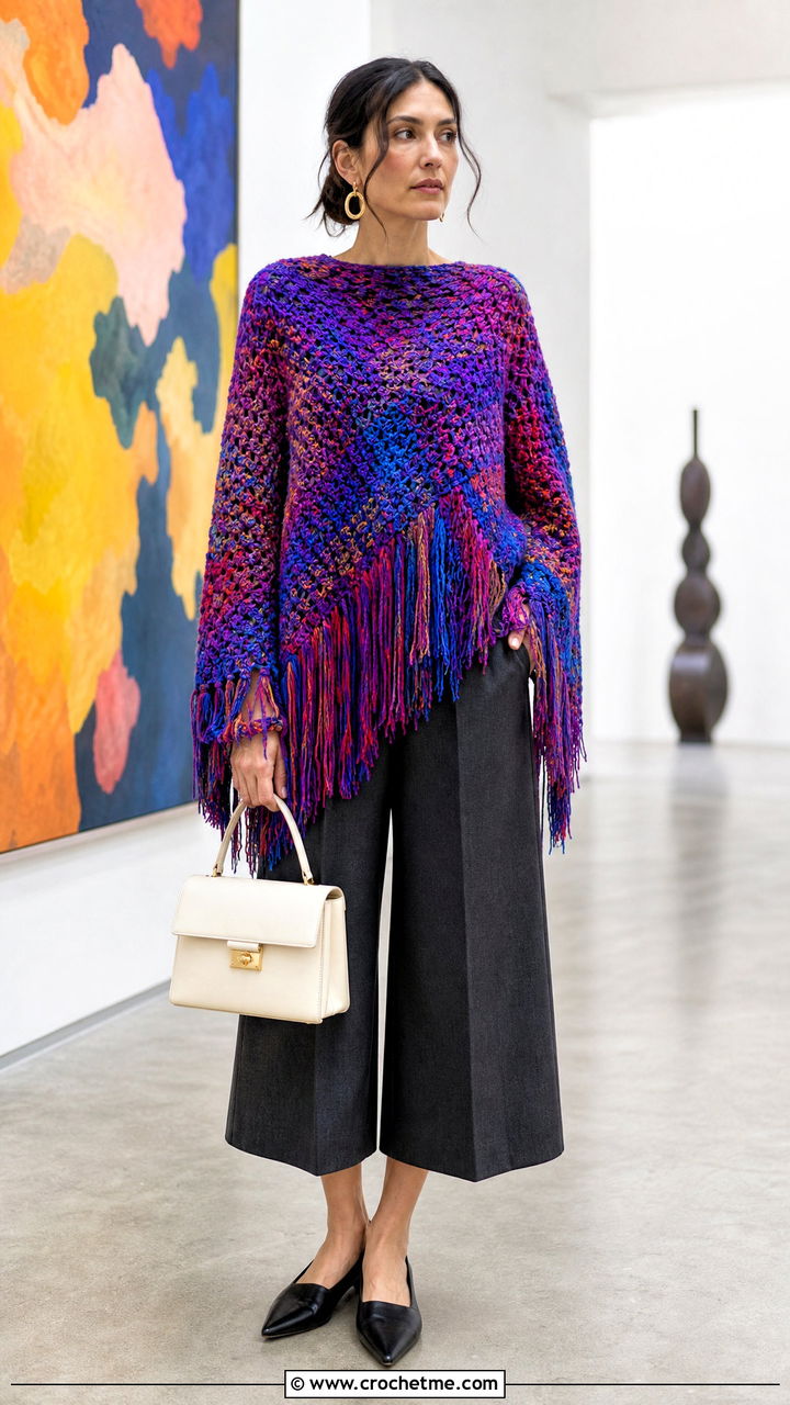 Fringe Crochet Oversized Sweater With Tailored Culottes - 35 crochet oversized sweater outfit ideas