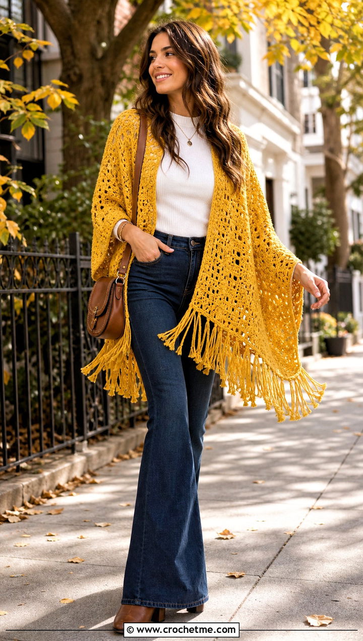 Fringe Crochet Poncho With Flare Jeans - 20 Crochet Fall Poncho outfit ideas