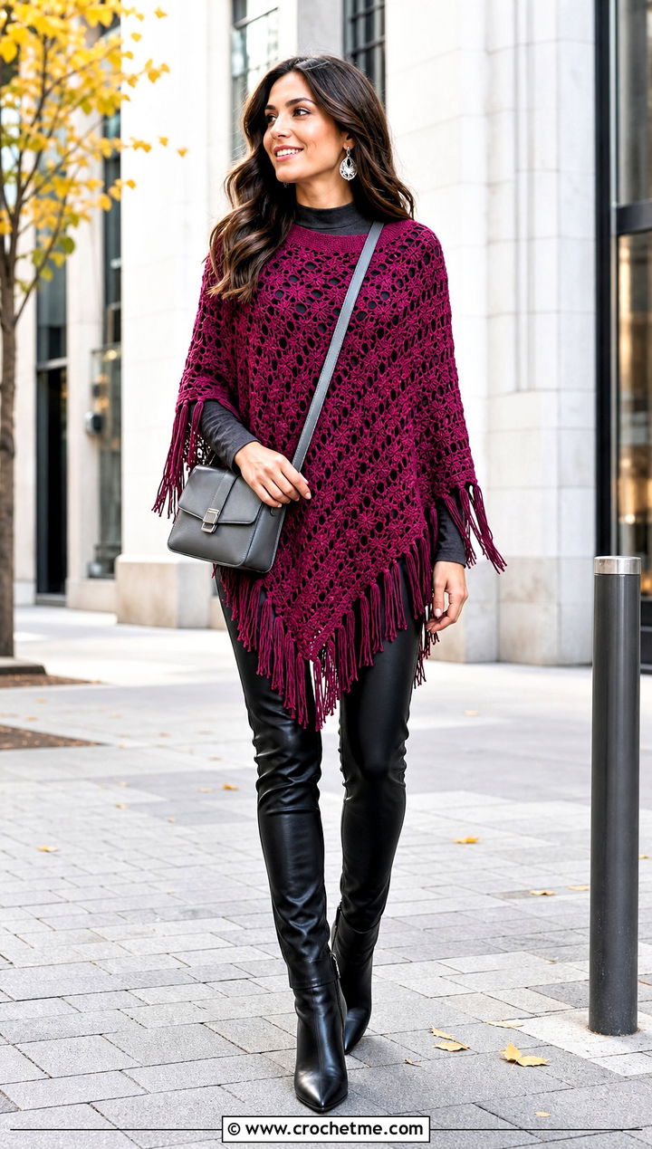 Fringe Crochet Poncho With Leather Pants - 35 whimsical crochet clothes and outfit ideas