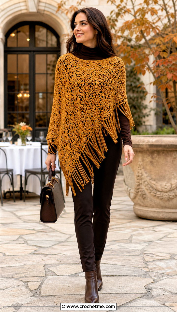 Fringe Crochet Poncho With Slim Trousers - 30 Fall Crochet Clothes Ideas