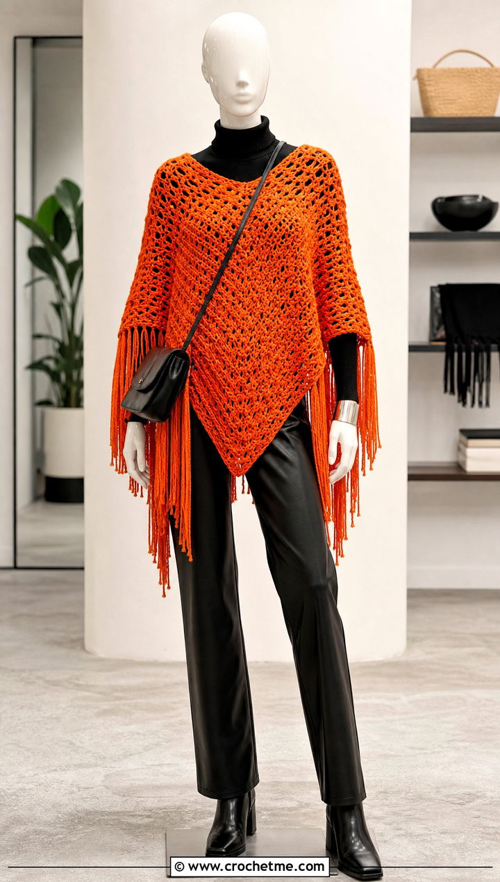 Fringe Crochet Poncho With Turtleneck And Leather Pants - 15 crochet poncho on mannequin outfit ideas