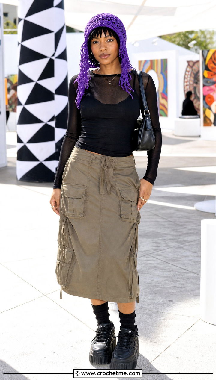 Fringe Crochet Rasta Tam With Relaxed Cargo Skirt - 35 crochet rasta hats outfit ideas
