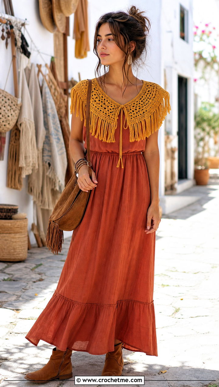 Fringe Crochet Sailor Collar With Cotton Maxi Dress - 30 crochet sailor collar outfit ideas