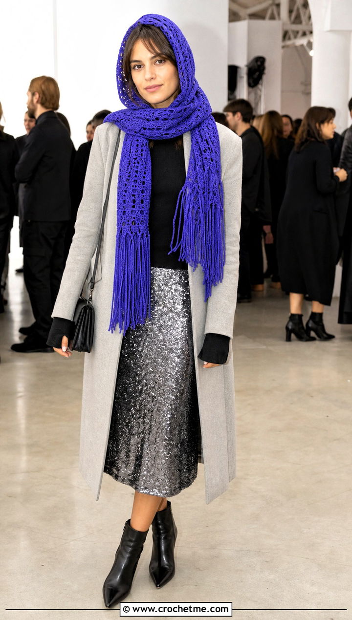 Fringe Crochet Scarf Hood With Sequin Skirt - 30 crochet scarf hood outfit ideas