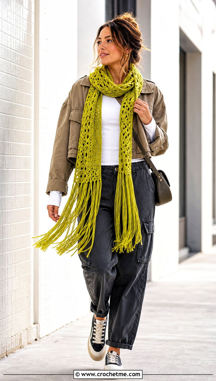 Fringe Crochet Scarf With Cargo Pants - 25 crochet scarf design ideas
