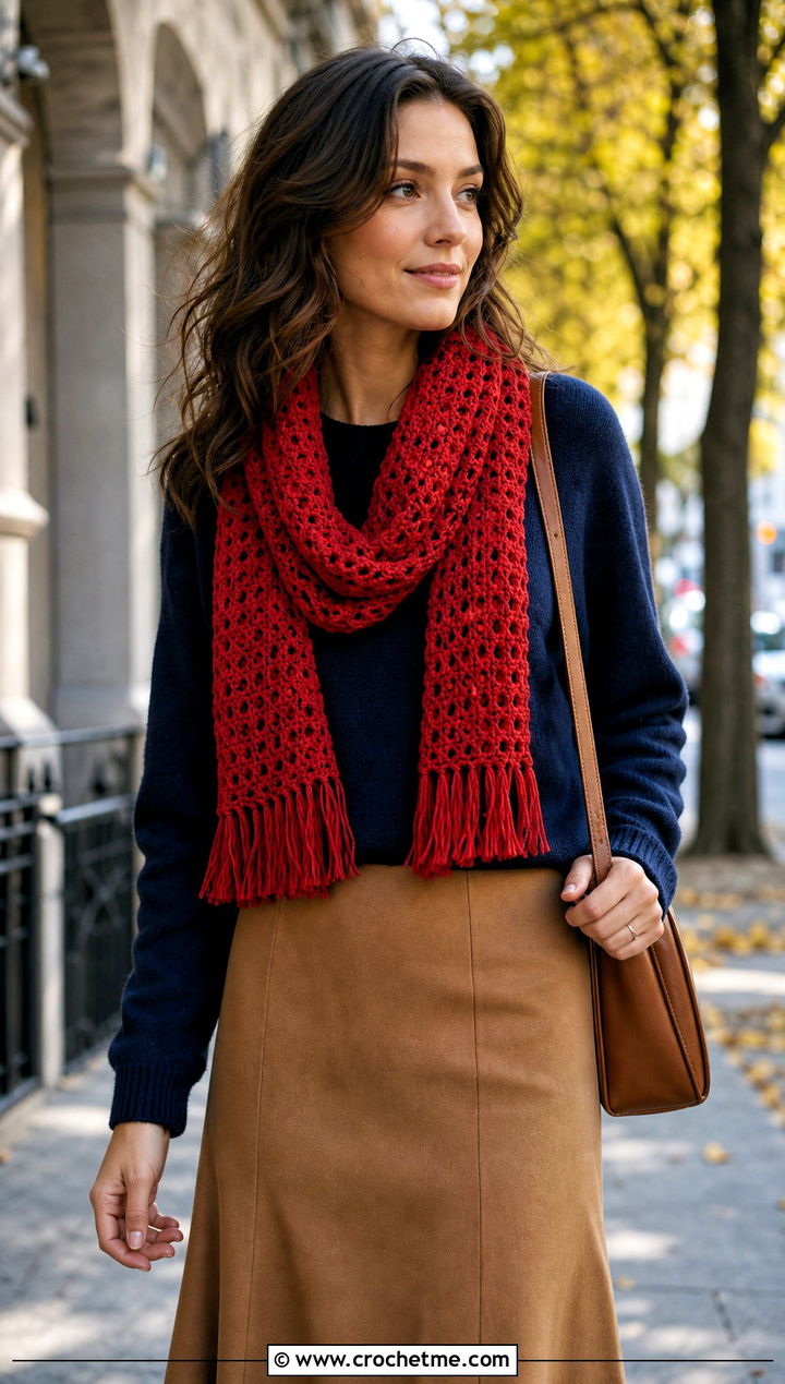 Fringe Crochet Scarf With Crewneck Sweater And Midi Skirt - 25 Tiny Crochet Scarf outfit ideas