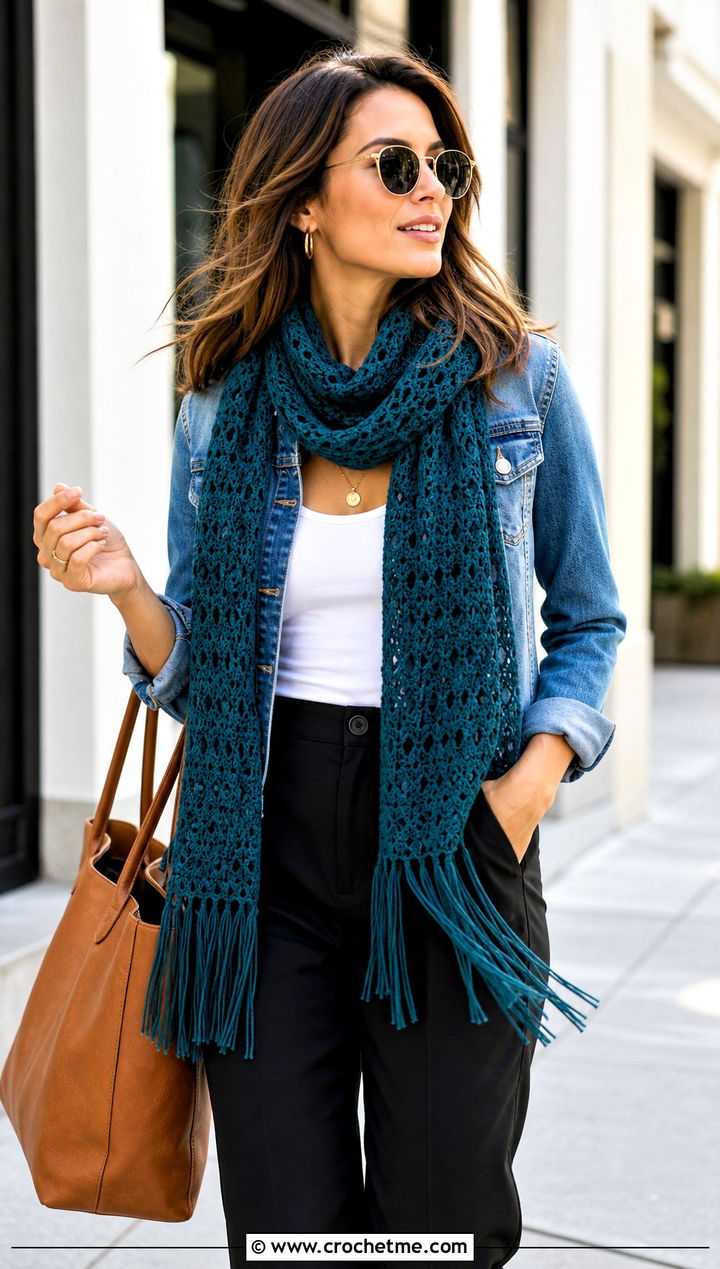 Fringe Crochet Scarf With Denim Jacket - 25 Crochet For Beginners Scarf outfit ideas