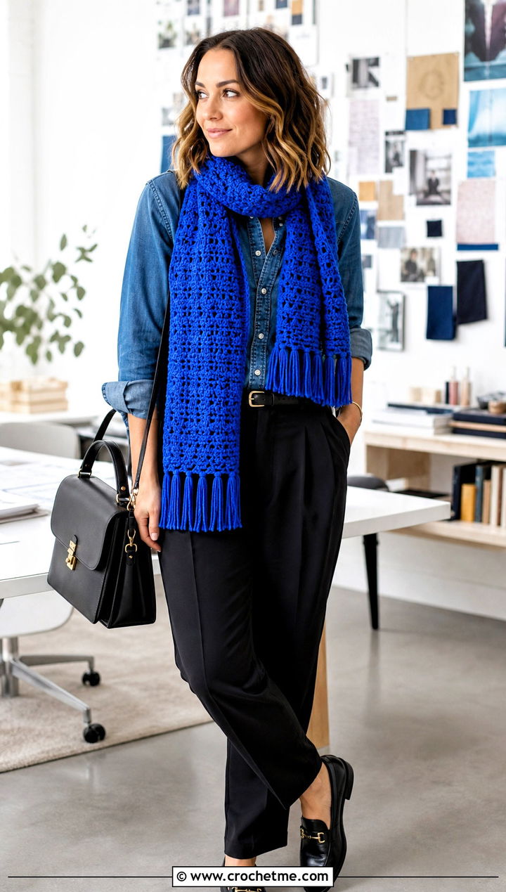 Fringe Crochet Scarf With Denim Shirt And Trousers - 30 autumn crochet scarf outfit ideas