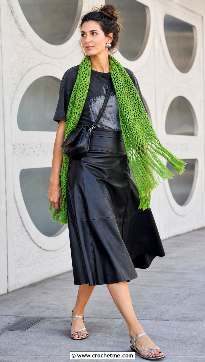 Fringe Crochet Scarf With Graphic Tee And Leather Skirt - 35 summer crochet scarf outfit ideas
