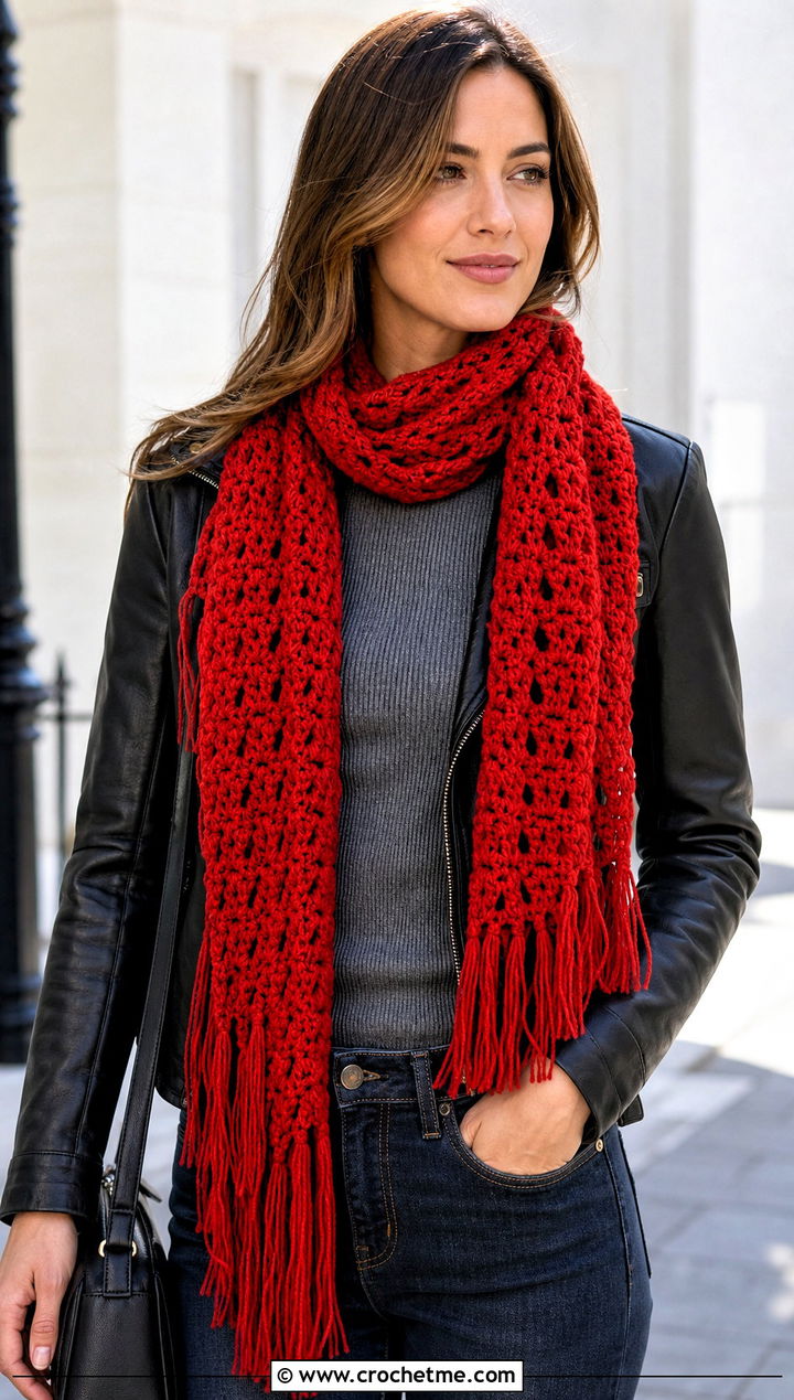 Fringe Crochet Scarf With Leather Jacket - 20 Crochet Scarf For Beginners outfit ideas