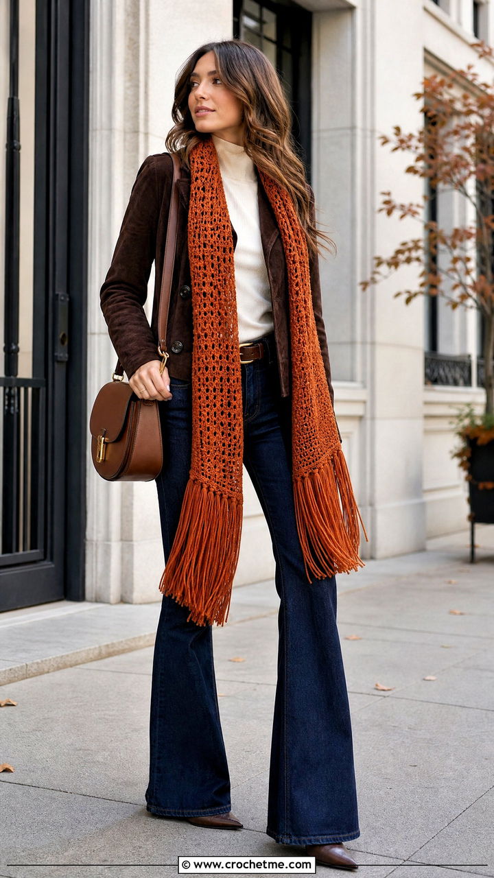 Fringe Crochet Scarf With Suede Jacket And Flared Jeans - 35 quick crochet scarf outfit ideas