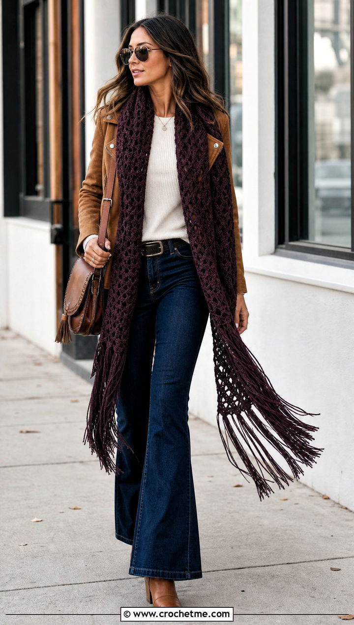 Fringe Crochet Scarf With Suede Jacket And Flared Jeans - 35 crochet scarves outfit ideas