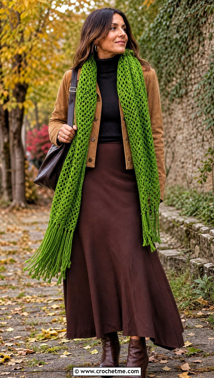 Fringe Crochet Scarf With Suede Jacket And Maxi Skirt - 15 Crochet Fancy Scarf outfit ideas