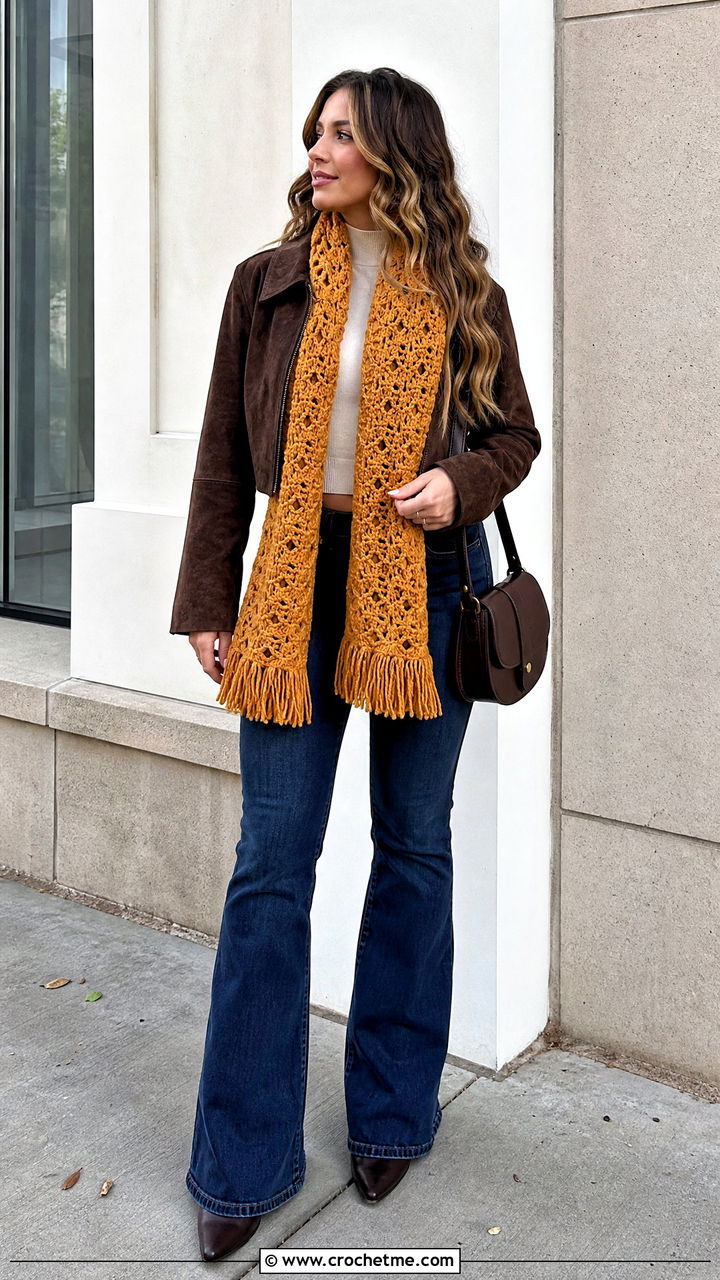 Fringe Crochet Scarf With Suede Jacket and Flare Jeans - 35 easy one skein crochet scarf outfit ideas