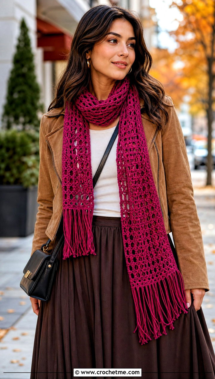Fringe Crochet Scarf With Suede Jacket and Maxi Skirt - 15 Light Crochet Scarf outfit ideas