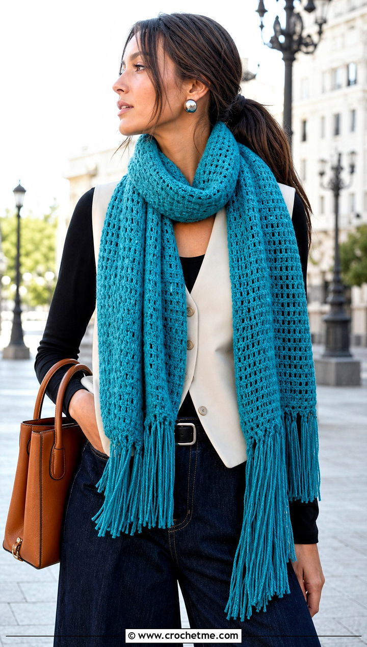 Fringe Crochet Scarf With Tailored Vest And Wide Leg Jeans - 20 Beginner Crochet Projects Scarf outfit ideas