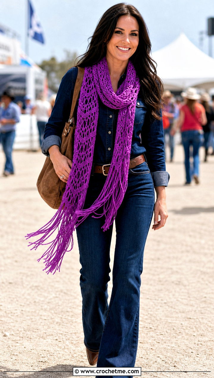 Fringe Crochet Scarf With Western Denim Outfit - 25 crochet for scarfs outfit ideas