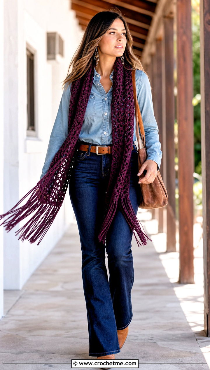 Fringe Crochet Scarf With Western Denim Outfit - 35 crochet neck scarf outfit ideas