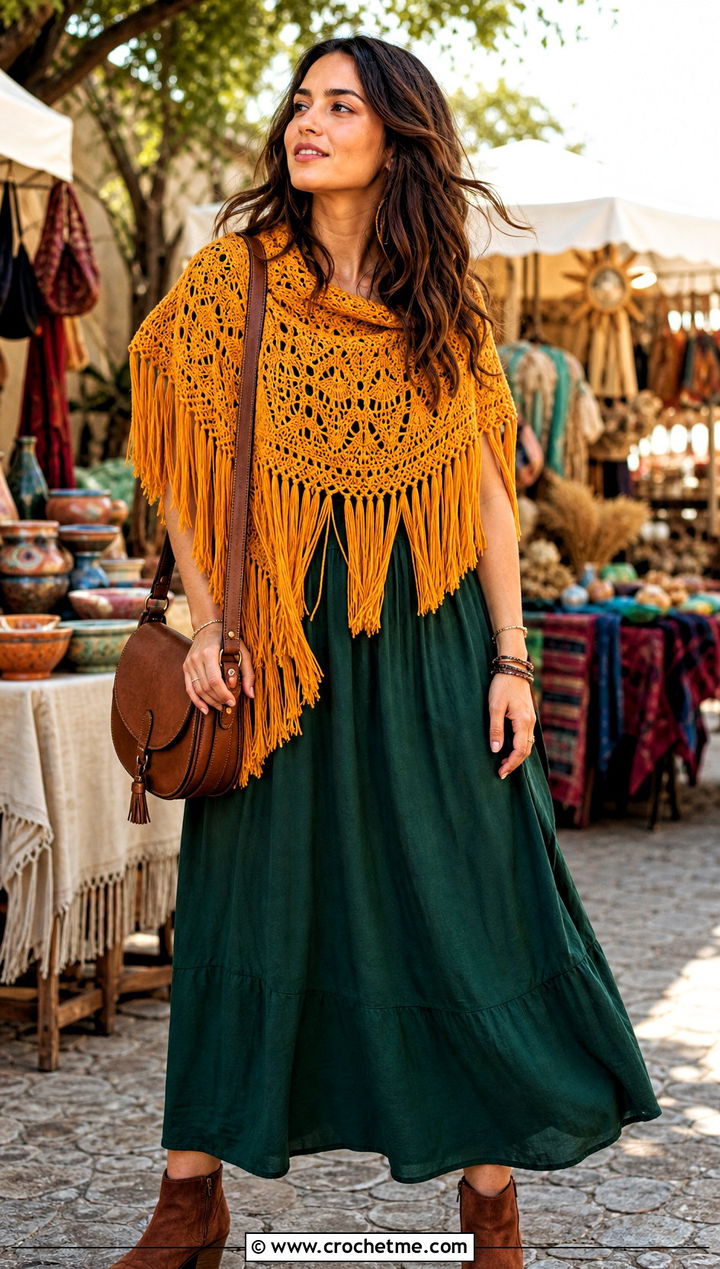 Fringe Crochet Semi Circle Shawl With Maxi Dress - 25 Crochet Semi Circle Shawl outfit ideas