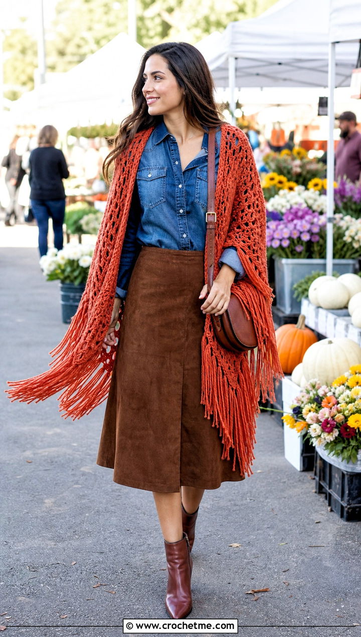 Fringe Crochet Shawl With Denim Shirt - 20 Crochet Shawl Worsted Weight Yarn outfit ideas