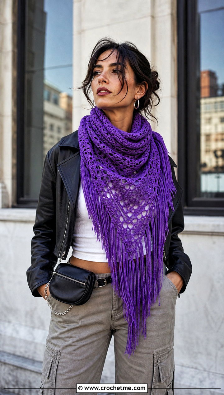 Fringe Crochet Shawl With Leather Jacket And Cargo Pants - 15 Never Ending Crochet Shawl outfit ideas