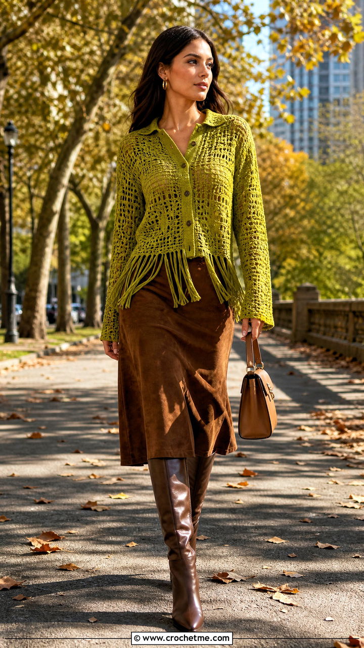 Fringe Crochet Shirt With Suede Midi Skirt - 35 crochet shirts outfit ideas