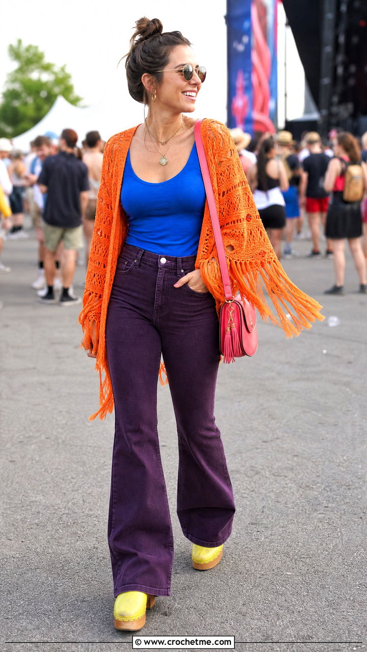 Fringe Crochet Shrug With Flared Jeans - 35 crochet shrug outfit ideas