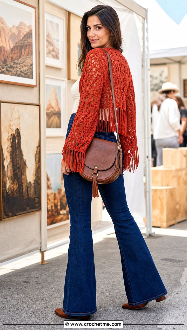 Fringe Crochet Shrug With Flared Jeans - 30 easy simple crochet shrug outfit ideas