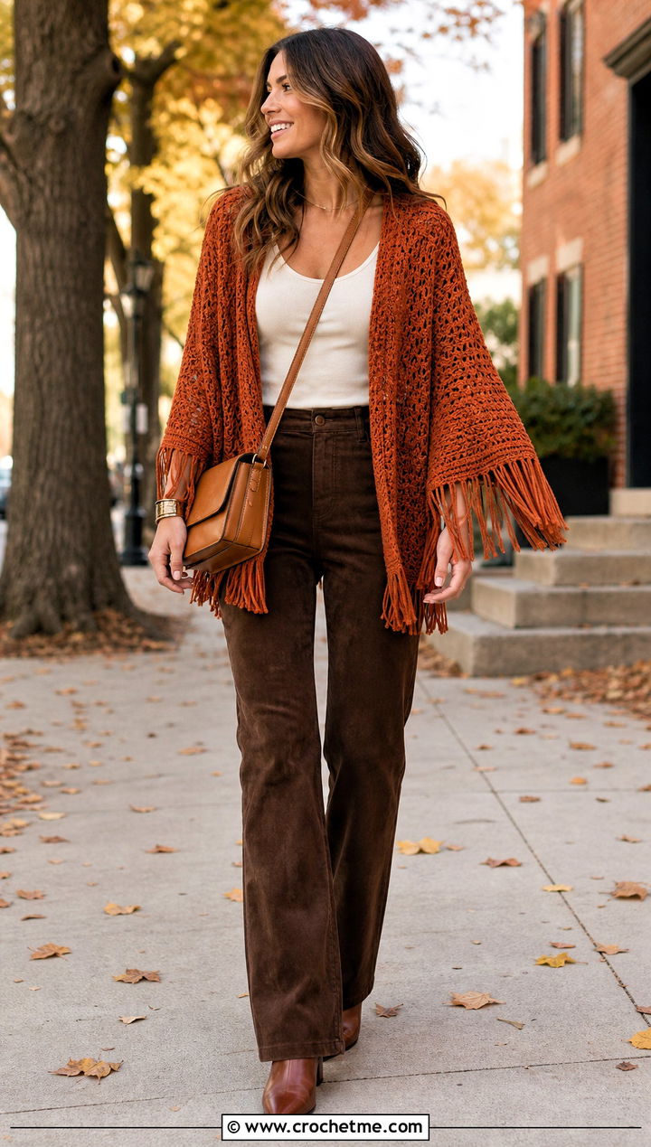Fringe Crochet Shrug With Suede Pants - 25 cute crochet shrug outfit ideas