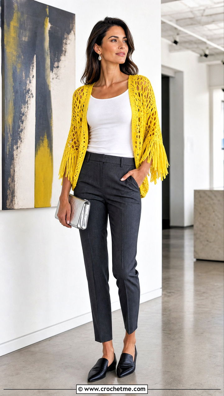 Fringe Crochet Shrug With Tailored Pants - 25 simple crochet shrug outfit ideas