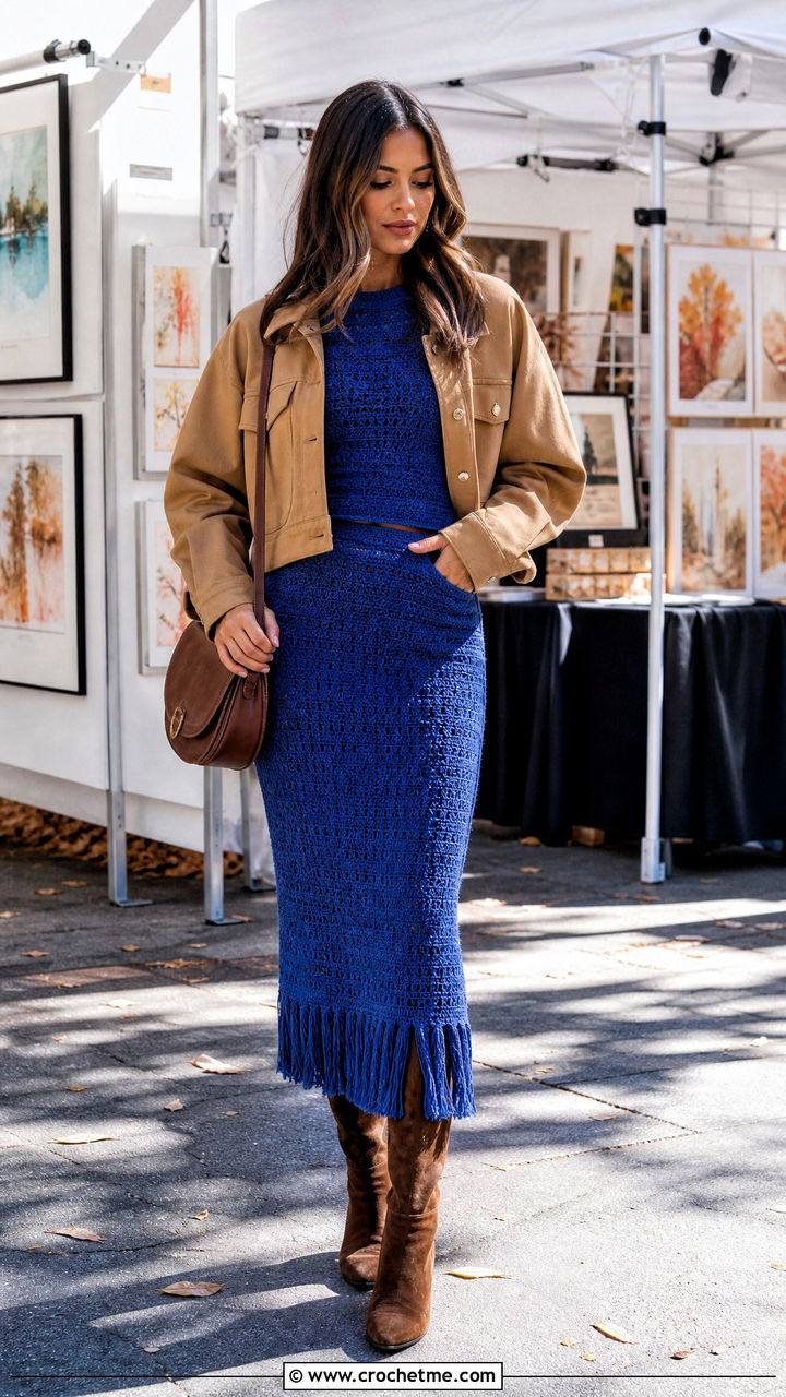Fringe Crochet Skirt Set With Suede Boots - 35 crochet skirt set outfit ideas