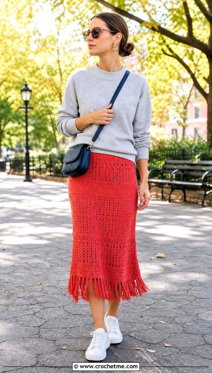 Fringe Crochet Skirt With Sweatshirt And Sneakers - 25 Autumn Crochet Outfit ideas