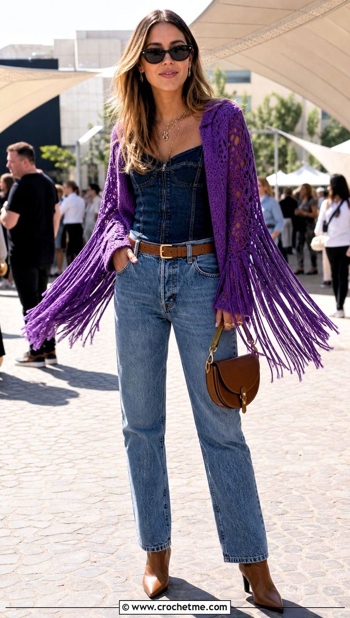 Fringe Crochet Sleeve Shrug With Double Denim - 30 crochet sweater sleeves outfit ideas