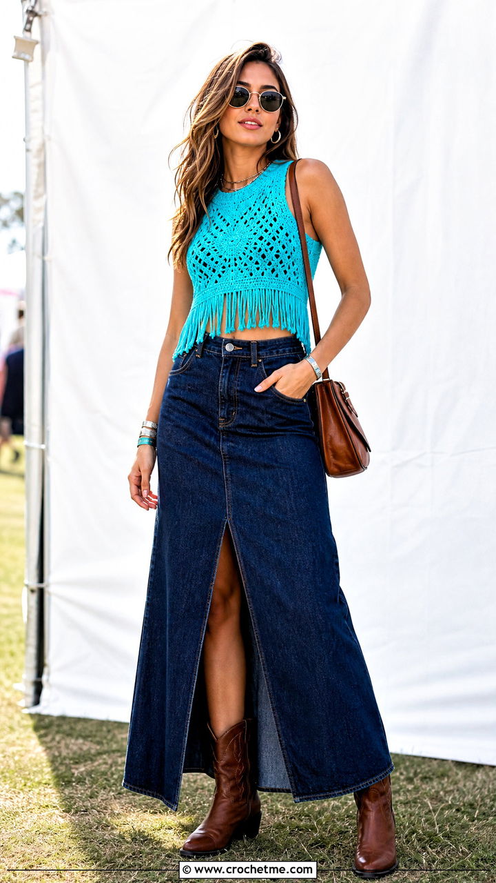 Fringe Crochet Sleeveless Top With A Denim Maxi Skirt - 35 crochet sleeveless top outfit ideas