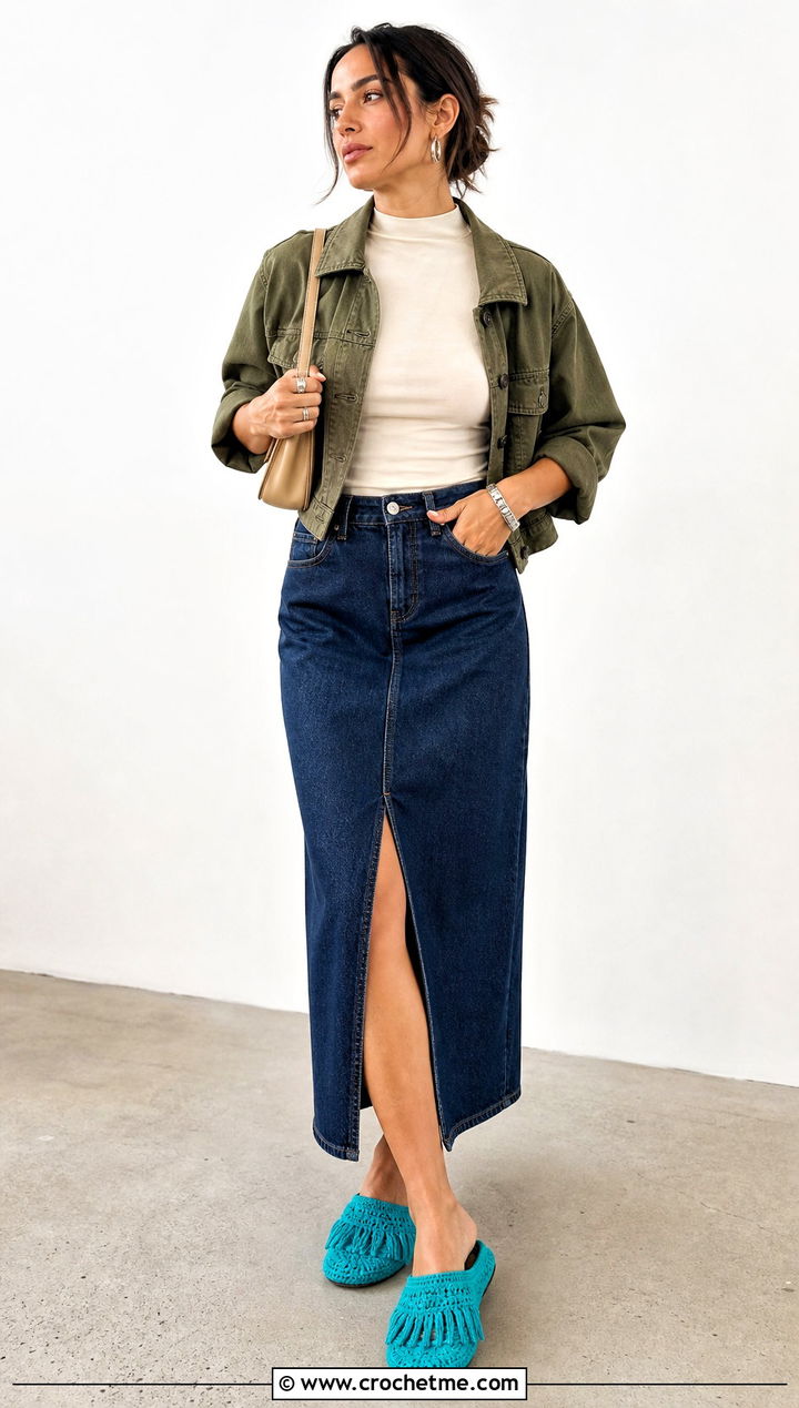 Fringe Crochet Slippers With A Denim Skirt - 35 easy crochet slippers outfit ideas