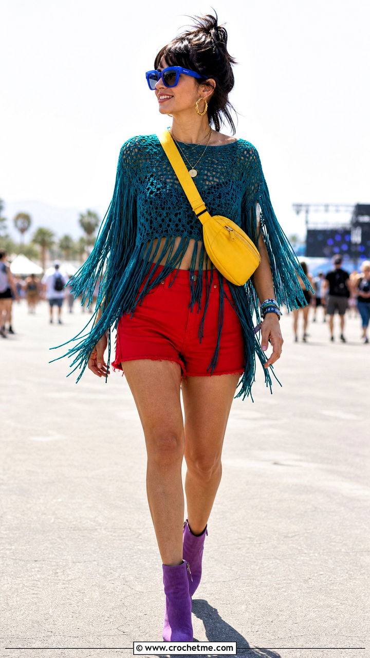 Fringe Crochet Summer Top With Denim Shorts - 35 crochet summer tops outfit ideas