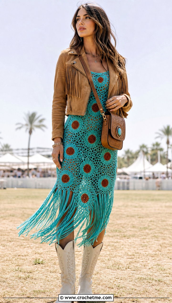 Fringe Crochet Sunflower Dress With Western Boots - 35 crochet sunflower dress outfit ideas