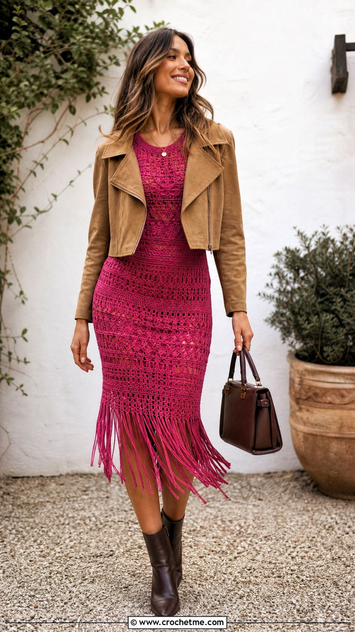 Fringe Crochet Sweater Dress With Suede Jacket - 35 crochet sweater dress outfit ideas