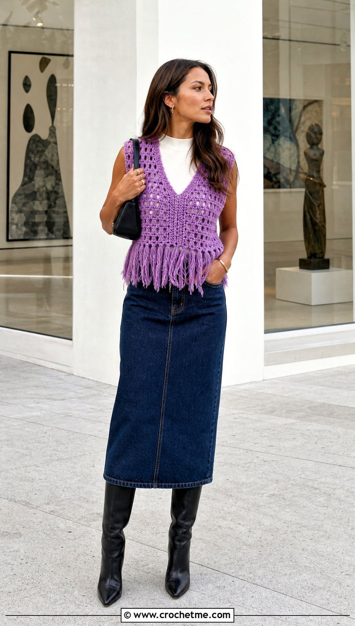 Fringe Crochet Sweater Vest With Column Skirt - 25 easy crochet sweater vest outfit ideas