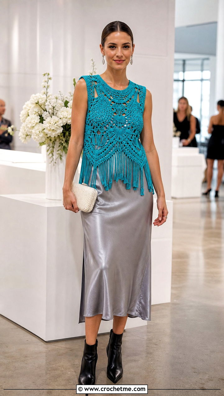 Fringe Crochet Sweater Vest With Slip Dress - 15 Handmade Crochet Sweater Vest outfit ideas