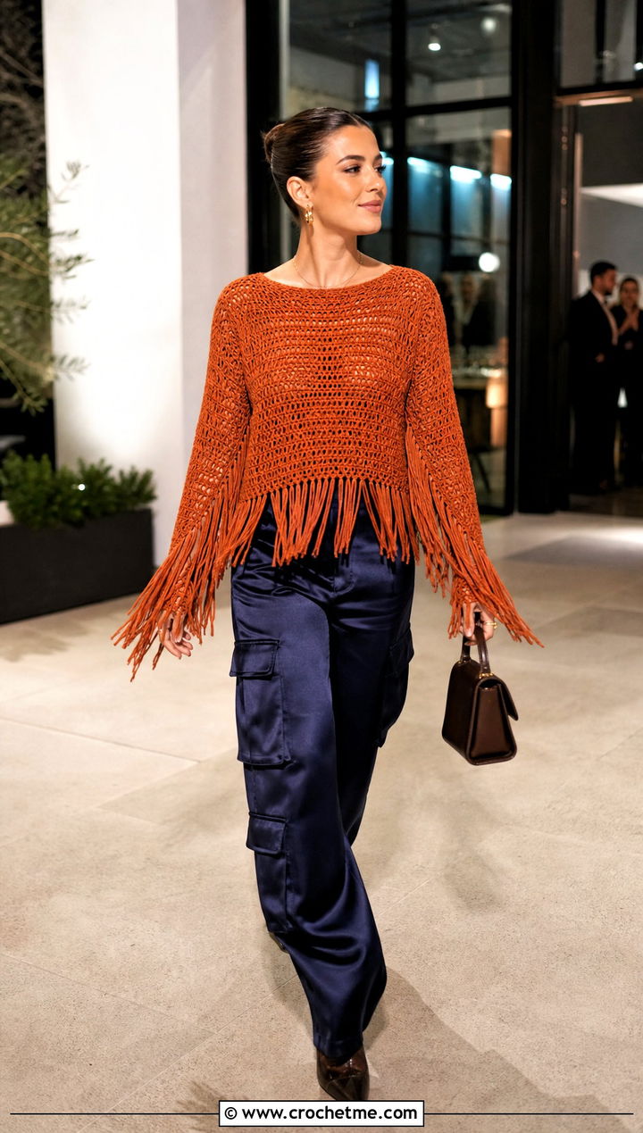 Fringe Crochet Sweater With Satin Cargo Pants - 30 unique crochet sweater outfit ideas