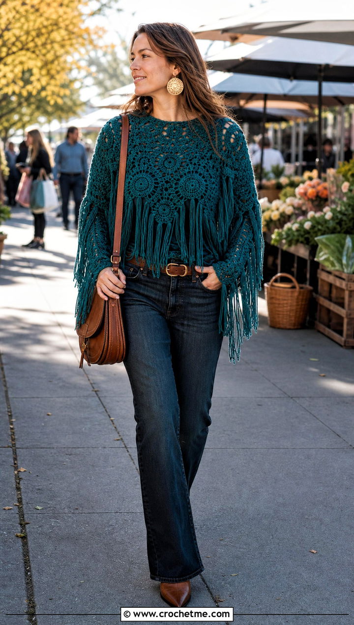 Fringe Crochet Sweater With Straight Leg Jeans - 25 Boho Crochet Sweater outfit ideas