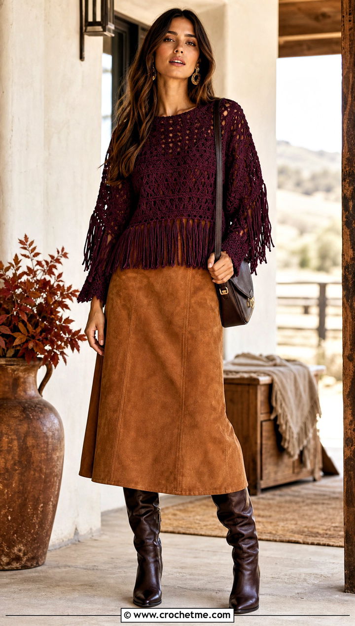 Fringe Crochet Sweater With Suede Midi Skirt - 25 Womens Crochet Sweater outfit ideas