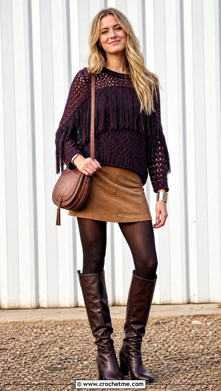 Fringe Crochet Sweater With Suede Mini Skirt - 15 Boho Style Crochet Sweater outfit ideas